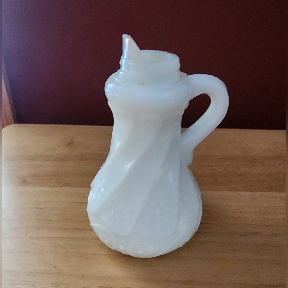 Antique Victorian Milk Glass Syrup Pitcher With Swirls & Flowers